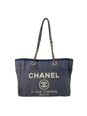 Chanel Tote Deauville Line MM Navy Ivory Chain Shoulder Gold